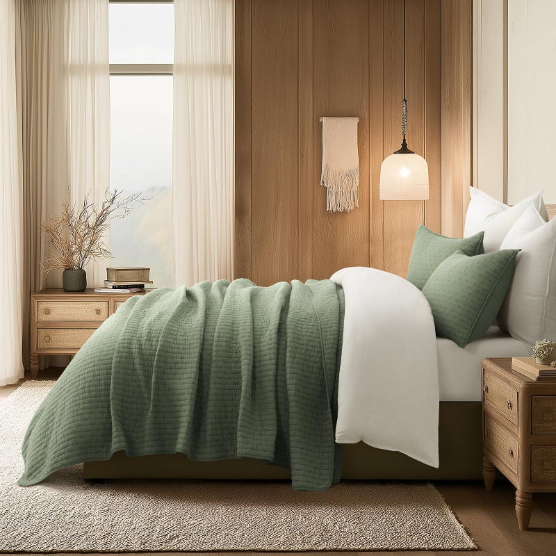 EVERGRACEHOME EVERGRACE Cross Stitch Pre-Washed Cotton Quilt Bedding Set Queen Size, Oversized 3 Pieces Lightweight Bedspread Coverlet for All Season, with 2 Matching Shams, Olive Green, 92"x96" - Image 3