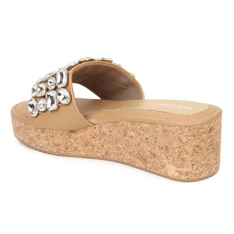 Sandal Stories Beige Diamond Embellished Wedges for Women
