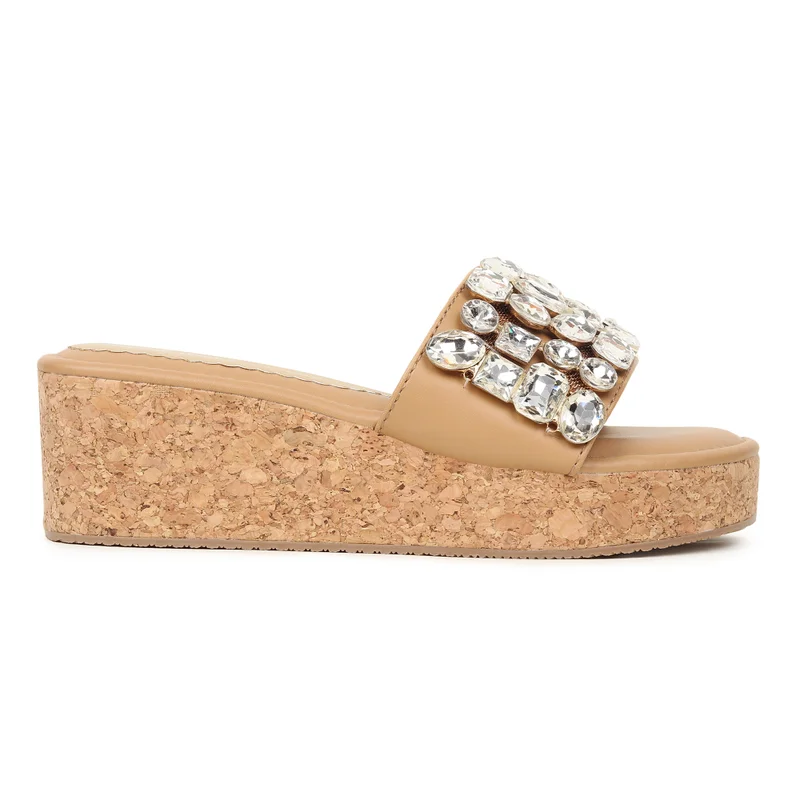 Sandal Stories Beige Diamond Embellished Wedges for Women