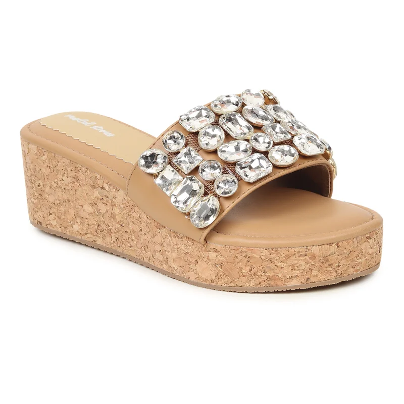 Sandal Stories Beige Diamond Embellished Wedges for Women