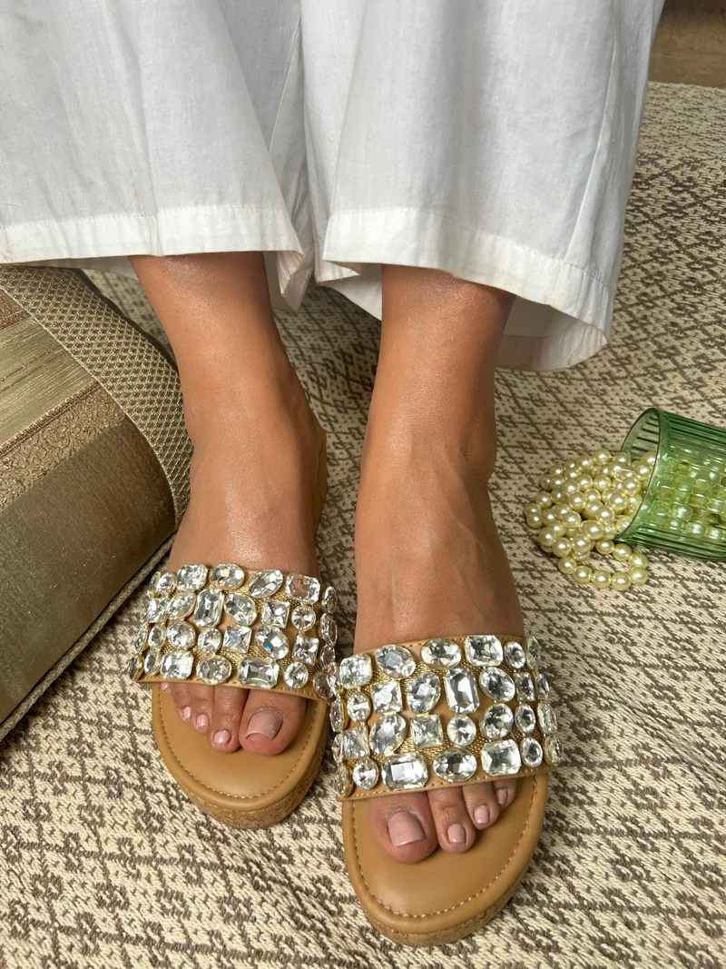 Sandal Stories Beige Diamond Embellished Wedges for Women