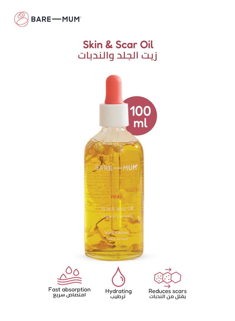 BARE-MUM Skin & Scar Oil | Organic Formula | Fast Absorbing | Non-Greasy | Reduces Stretch Marks & Scars | Hydrates & Nourishes Skin | 100ml | Natural Ingredients - Image 1
