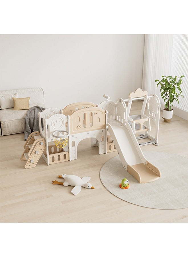 Beauenty 6 in 1 Toddler Slide and Swing Set Large Game Combination Suitable for Home Play   Basketball frame  Staircase Storage box   Football Door   Swing  Slide And Girls Aged 3-7. (D) - Image 1