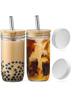 Arabest Glass Cups Set - 24oz Jar Drinking Glasses w Bamboo Lids Straws 2 Airtight Lids - Cute Reusable Boba Bottle, Iced Coffee Glasses, Travel Tumbler for Bubble Tea, smoothie, Juice - 2 Pack  - Image 1