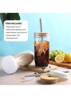 Arabest Glass Cups Set - 24oz Jar Drinking Glasses w Bamboo Lids Straws 2 Airtight Lids - Cute Reusable Boba Bottle, Iced Coffee Glasses, Travel Tumbler for Bubble Tea, smoothie, Juice - 2 Pack  - Image 2
