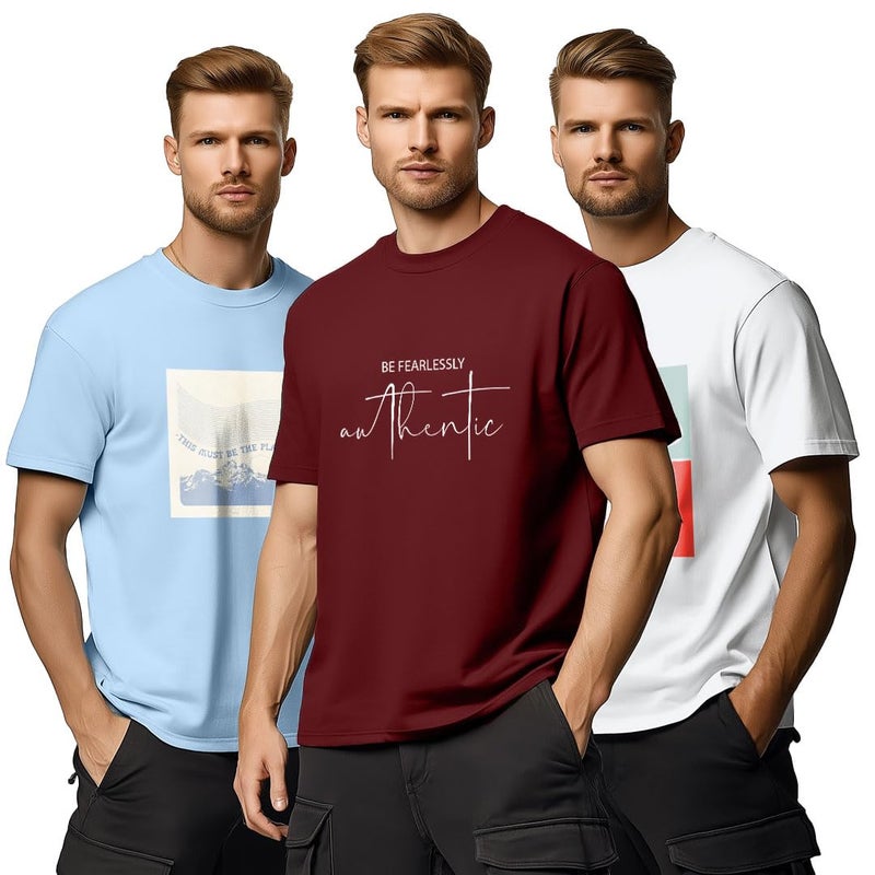 NOBERO Men Cotton Graphic Printed Regular Fit T-Shirt (1M-TWTS-C0948-216X_Powder Blue/Wine Red/White, 2XL - Image 4