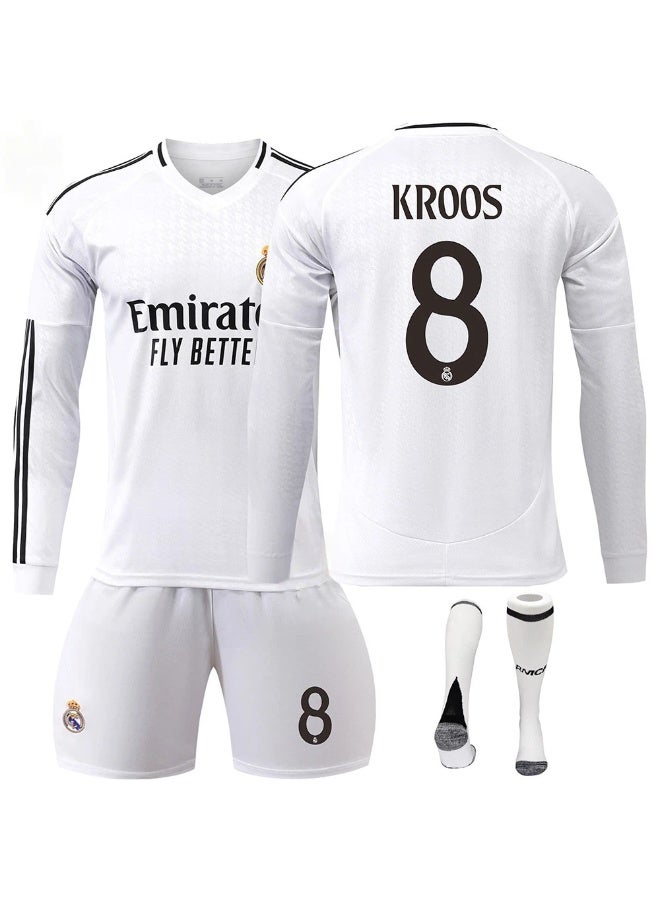 ريال مدريد 2023-2024 ريال مدريد بأكمام طويلة زي كرة القدم #8 كروس كرة القدم جيرسي السراويل الجوارب مجموعة حجم الأطفال والكبار حجم الهدايا للجماهير والأصدقاء - Image 1