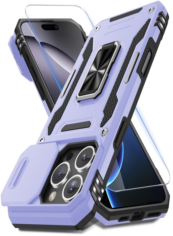 DEERLAMN جراب DEERLAMN لهاتف iPhone 16 Pro Max مع غطاء كاميرا منزلق + واقي شاشة (عبوة واحدة)، غطاء واقٍ مقاوم للصدمات بمسند حلقي دوار - بنفسجي فاتح - Image 1
