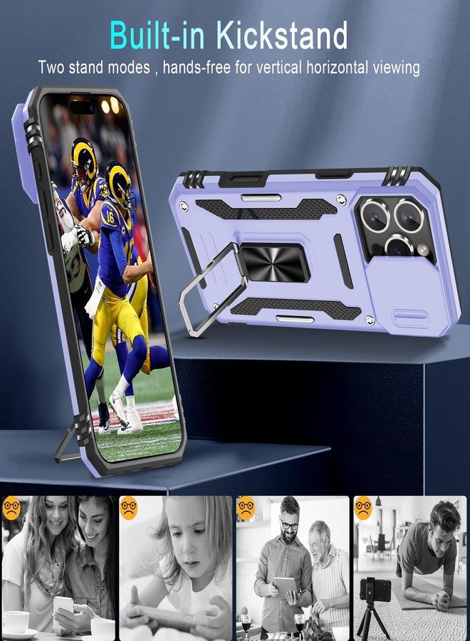 DEERLAMN جراب DEERLAMN لهاتف iPhone 16 Pro Max مع غطاء كاميرا منزلق + واقي شاشة (عبوة واحدة)، غطاء واقٍ مقاوم للصدمات بمسند حلقي دوار - بنفسجي فاتح - Image 4