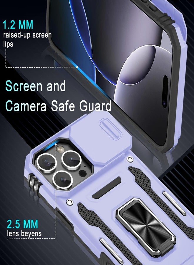 DEERLAMN جراب DEERLAMN لهاتف iPhone 16 Pro Max مع غطاء كاميرا منزلق + واقي شاشة (عبوة واحدة)، غطاء واقٍ مقاوم للصدمات بمسند حلقي دوار - بنفسجي فاتح - Image 5