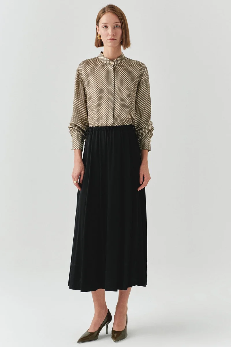 EXQUISE Lace-up Pocketed Regular Matte Satin Midi Black Skirt