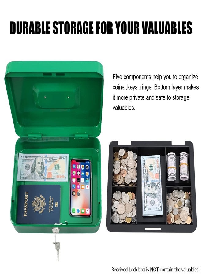 KYODOLED صندوق أمان كبير من KYODOLED مزود بصينية نقود، صندوق تخزين نقود بقفل، صندوق معدني آمن للنقود، 9.84 بوصة × 7.87 بوصة × 3.54 بوصة، أخضر كبير - Image 4