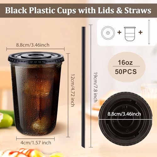 tchrules 50 Set 16oz Black Plastic Cups with Lids & Straws, Disposable Iced Coffee Cup with Lid, Round Bottom Plastic To Go Cups for Cold Drinks Slushie Smoothie Lemonade Soda Bar Party Shop Supplies - Image 2