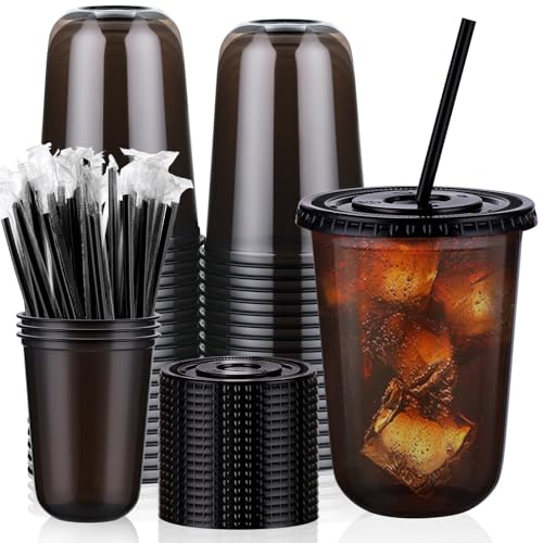 tchrules 50 Set 16oz Black Plastic Cups with Lids & Straws, Disposable Iced Coffee Cup with Lid, Round Bottom Plastic To Go Cups for Cold Drinks Slushie Smoothie Lemonade Soda Bar Party Shop Supplies - Image 1