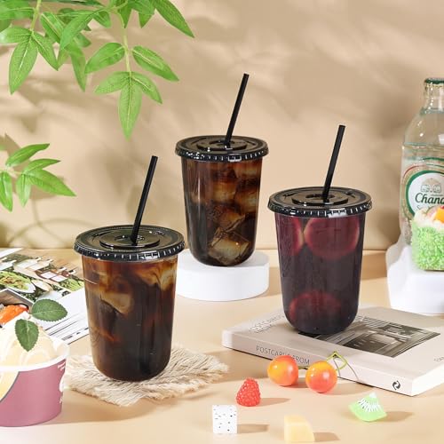 tchrules 50 Set 16oz Black Plastic Cups with Lids & Straws, Disposable Iced Coffee Cup with Lid, Round Bottom Plastic To Go Cups for Cold Drinks Slushie Smoothie Lemonade Soda Bar Party Shop Supplies - Image 3