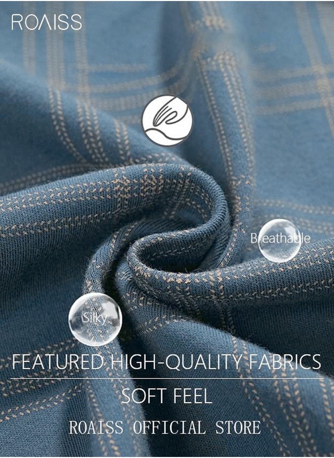 roaiss 2-Piece Pajama Set Men's Pure Cotton Short-Sleeved T-Shirt Long Pants Sets Fashion Grid Pattern Sleepwear Nightgown Male Loose Spring Summer Thin Casual Loungewear Home Clothes Blue  - Image 4