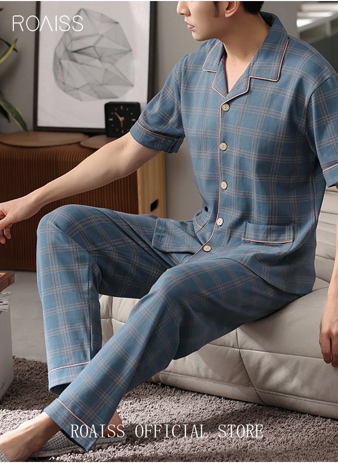 roaiss 2-Piece Pajama Set Men's Pure Cotton Short-Sleeved T-Shirt Long Pants Sets Fashion Grid Pattern Sleepwear Nightgown Male Loose Spring Summer Thin Casual Loungewear Home Clothes Blue  - Image 1