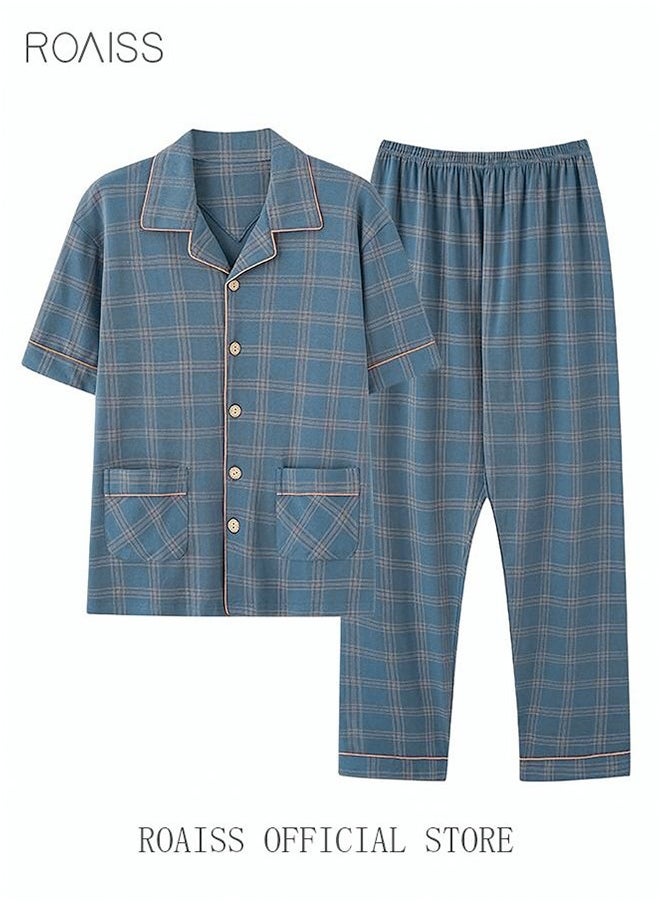 roaiss 2-Piece Pajama Set Men's Pure Cotton Short-Sleeved T-Shirt Long Pants Sets Fashion Grid Pattern Sleepwear Nightgown Male Loose Spring Summer Thin Casual Loungewear Home Clothes Blue  - Image 2