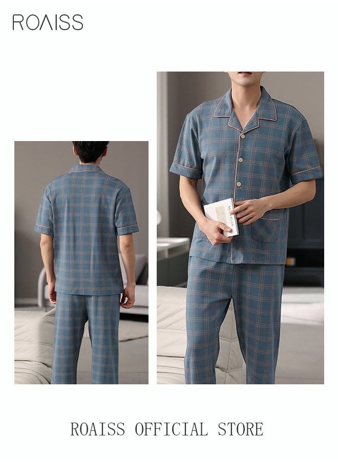 roaiss 2-Piece Pajama Set Men's Pure Cotton Short-Sleeved T-Shirt Long Pants Sets Fashion Grid Pattern Sleepwear Nightgown Male Loose Spring Summer Thin Casual Loungewear Home Clothes Blue  - Image 3