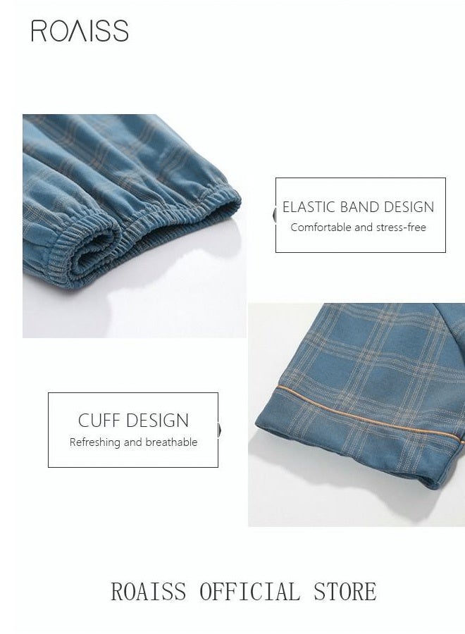 2-Piece Pajama Set Men's Pure Cotton Short-Sleeved T-Shirt Long Pants Sets Fashion Grid Pattern Sleepwear Nightgown Male Loose Spring Summer Thin Casual Loungewear Home Clothes Blue