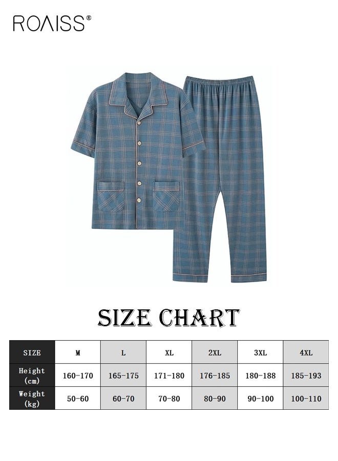 2-Piece Pajama Set Men's Pure Cotton Short-Sleeved T-Shirt Long Pants Sets Fashion Grid Pattern Sleepwear Nightgown Male Loose Spring Summer Thin Casual Loungewear Home Clothes Blue