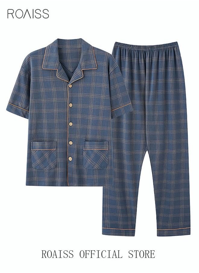 2-Piece Pajama Set Men's Cotton Short-Sleeved T-Shirt Long Pants Sets Grid Pattern Sleepwear Nightgown Male Loose Spring Summer Thin Loungewear Home Clothes Blue - pzsku/ZA29198EB8B2D2CD8C004Z/45/_/1669388964/0403cbfa-669d-437a-b4ac-c9f317ce6cfa