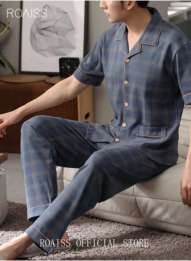 2-Piece Pajama Set Men's Cotton Short-Sleeved T-Shirt Long Pants Sets Grid Pattern Sleepwear Nightgown Male Loose Spring Summer Thin Loungewear Home Clothes Blue - pzsku/ZA29198EB8B2D2CD8C004Z/45/_/1730107444/752e31d8-db2a-4c73-86bf-935736d0312f