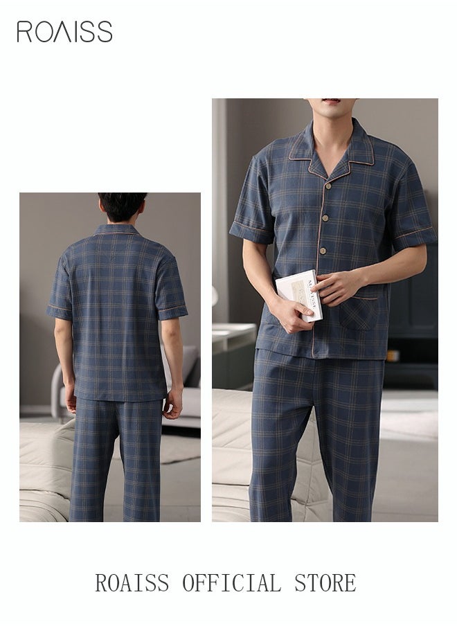 2-Piece Pajama Set Men's Cotton Short-Sleeved T-Shirt Long Pants Sets Grid Pattern Sleepwear Nightgown Male Loose Spring Summer Thin Loungewear Home Clothes Blue - pzsku/ZA29198EB8B2D2CD8C004Z/45/_/1730107445/aa3628e1-9ff4-4dad-8fab-6f12a2319097