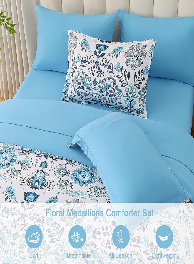 DHSFKBE Boho Comforter Set King - 7 Pieces Bed in a Bag Floral Design, Bohemian Comforter Set with Sheets, Soft Microfiber Complete Bedding Sets All Season (Light Blue, King) - Image 4