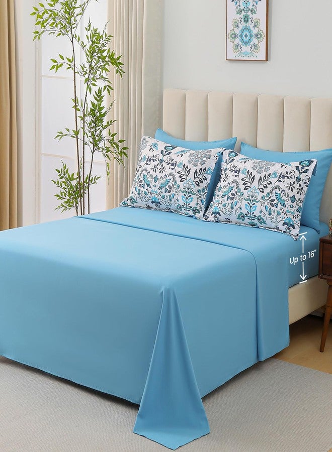 DHSFKBE Boho Comforter Set King - 7 Pieces Bed in a Bag Floral Design, Bohemian Comforter Set with Sheets, Soft Microfiber Complete Bedding Sets All Season (Light Blue, King) - Image 5