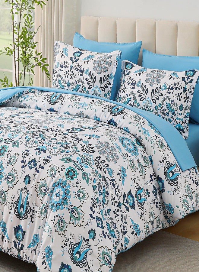 DHSFKBE Boho Comforter Set King - 7 Pieces Bed in a Bag Floral Design, Bohemian Comforter Set with Sheets, Soft Microfiber Complete Bedding Sets All Season (Light Blue, King) - Image 2