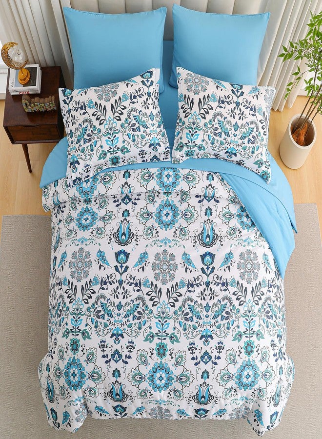DHSFKBE Boho Comforter Set King - 7 Pieces Bed in a Bag Floral Design, Bohemian Comforter Set with Sheets, Soft Microfiber Complete Bedding Sets All Season (Light Blue, King) - Image 3