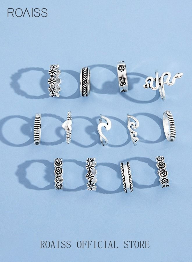 roaiss 13 Pcs Vintage Rings Set Snake Shape Heart Flowers Finger Joint Knuckle Jewellery for Women Girls Silver - Image 4