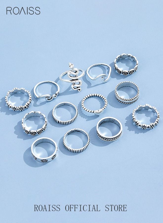roaiss 13 Pcs Vintage Rings Set Snake Shape Heart Flowers Finger Joint Knuckle Jewellery for Women Girls Silver - Image 5