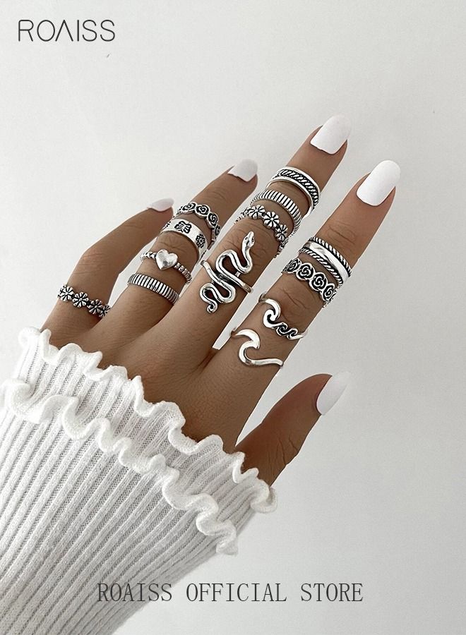 roaiss 13 Pcs Vintage Rings Set Snake Shape Heart Flowers Finger Joint Knuckle Jewellery for Women Girls Silver - Image 1