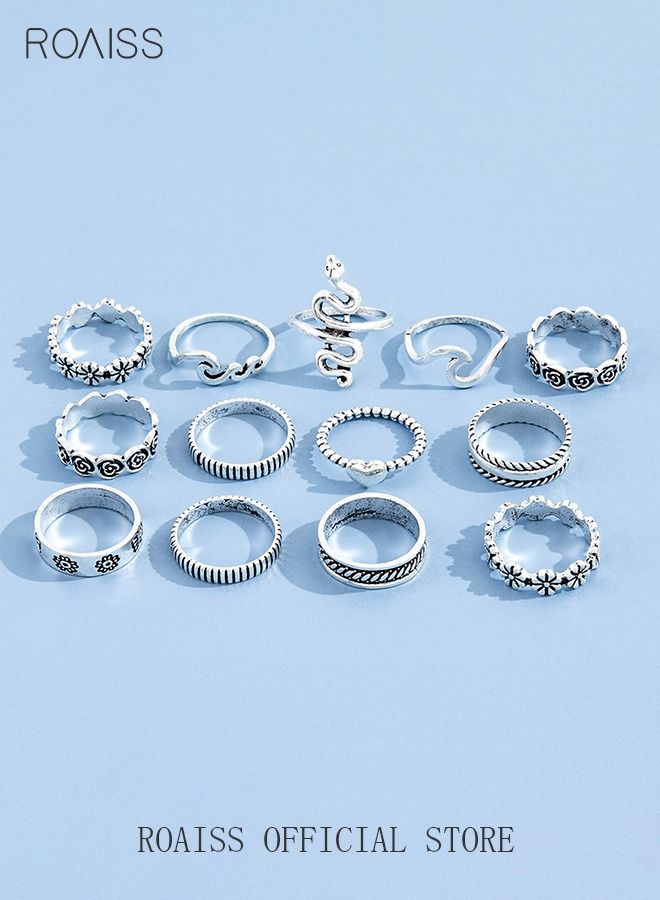 roaiss 13 Pcs Vintage Rings Set Snake Shape Heart Flowers Finger Joint Knuckle Jewellery for Women Girls Silver - Image 2