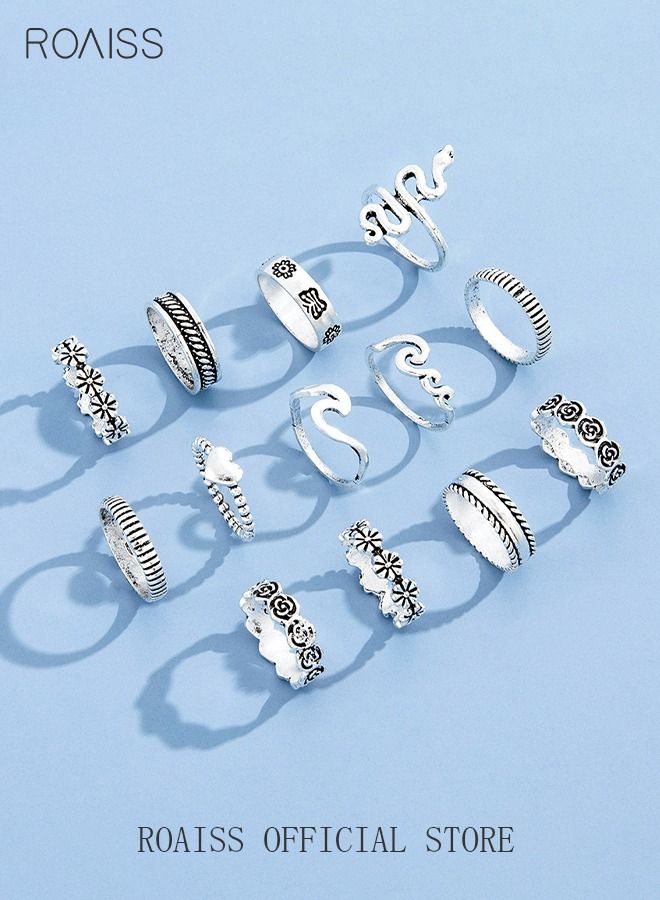 roaiss 13 Pcs Vintage Rings Set Snake Shape Heart Flowers Finger Joint Knuckle Jewellery for Women Girls Silver - Image 3