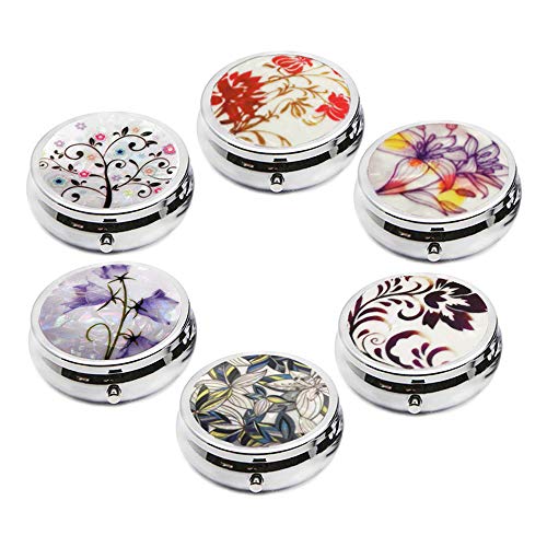 CREATIEE-PRO 6Pcs Elegant Pill Box Case, CREATIEE-PRO Portable Medicine Tablet Vitamin Holder Organizer with 3 Component for Purse Pocket Travel - Practical & Fashionable(6 Patterns, 1.6Inches) - Image 1