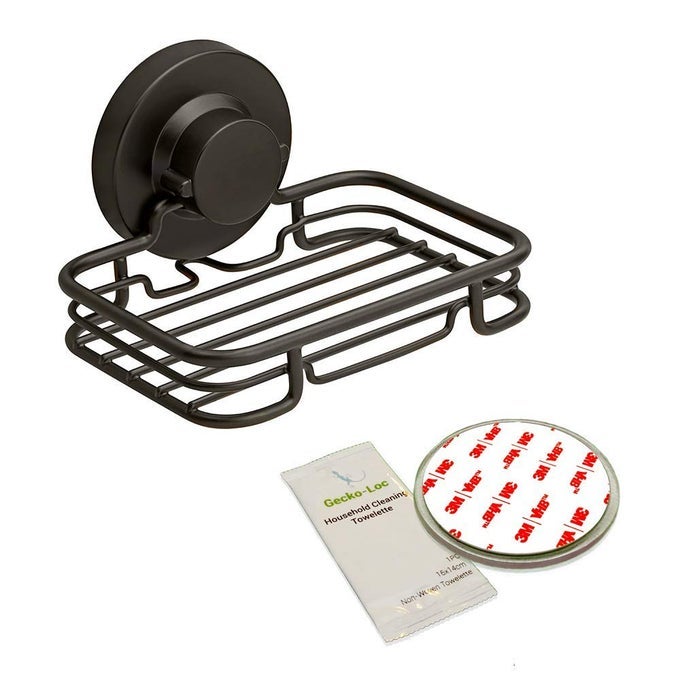 GECKOLOC SOAP DISH SUCTION MOUNTING BATH SOAP BAR HOLDER FOR BATHROOM METAL BATH SHOWER BATHTUB WALL TILE OR KITCHEN SINK SOAP OR SPONGE DISHES BLACK