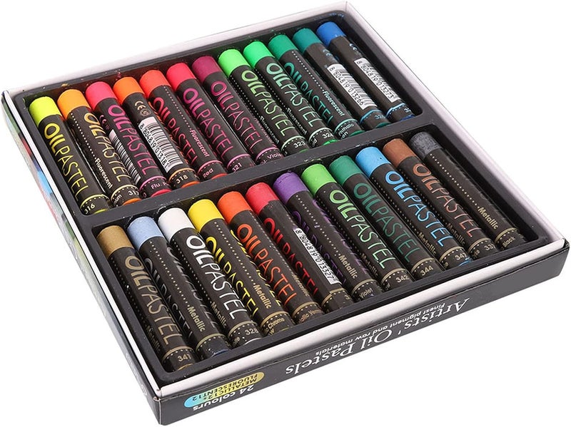 klarako Oil Pastel Set, 24Pcs Professional Oil Pastel Drawing Fluorescent Metallic Mixing Coloured Was Chalk Oil Painting Tool for Artist Kids Student Beginner - Image 1