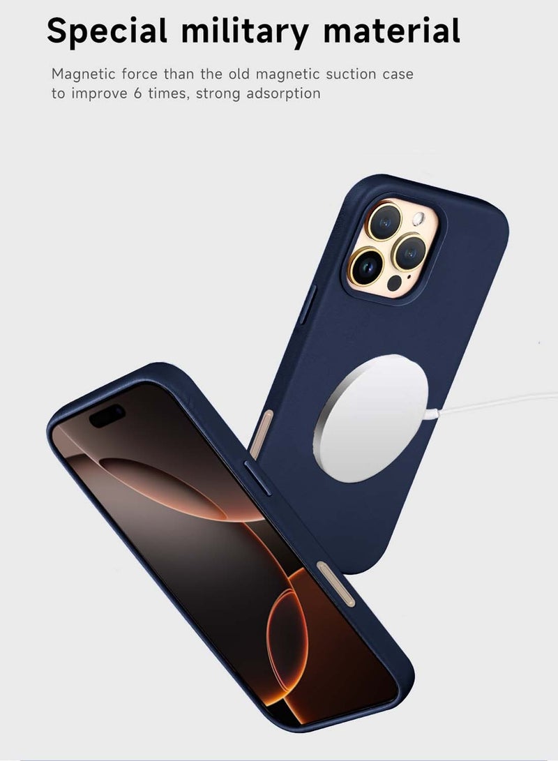 Wtech Apple iPhone 16 Pro Max 2024 Luxury Leather Magnetic Wireless Charging Case Original MagSafe Shockproof Case Cover - Navy Blue - Image 3