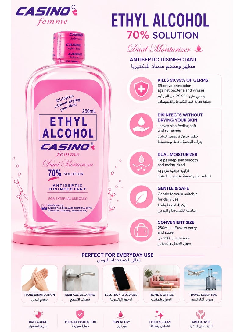 Casino Femme Ethyl Alcohol 70% Solution Dual Moisturizer Antiseptic Disinfectant – 250ml - Image 2