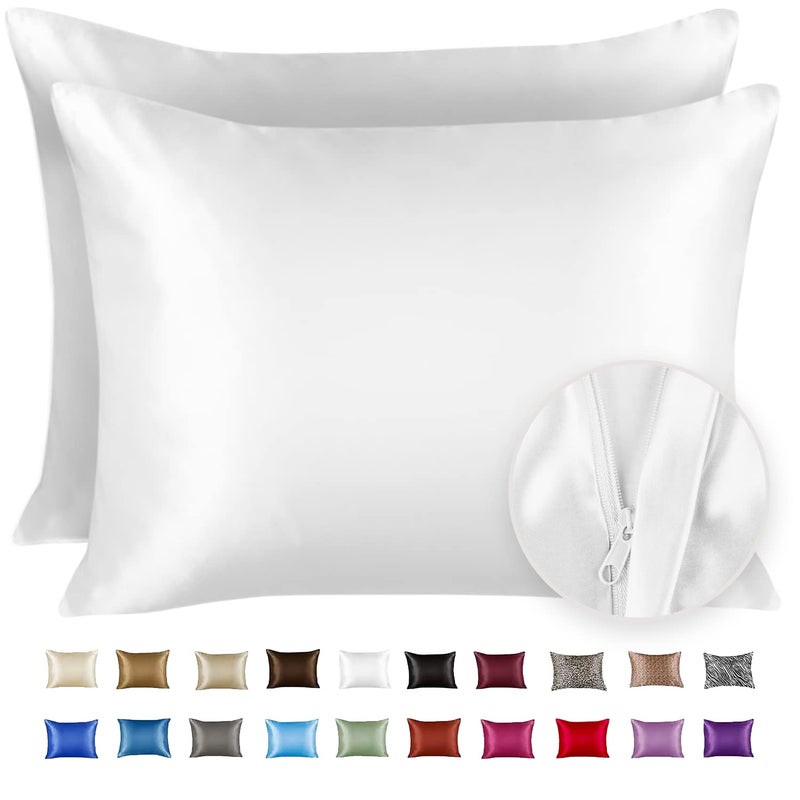 ShopBedding Satin Pillowcase with Zipper for Hair and Skin Care, Feels Soft and Cool Like a Silk Pillowcase, White Satin Pillow Cases 2 Pack, Slik Pillow Cover, Queen Size - Set of 2 - Blissford - Image 1
