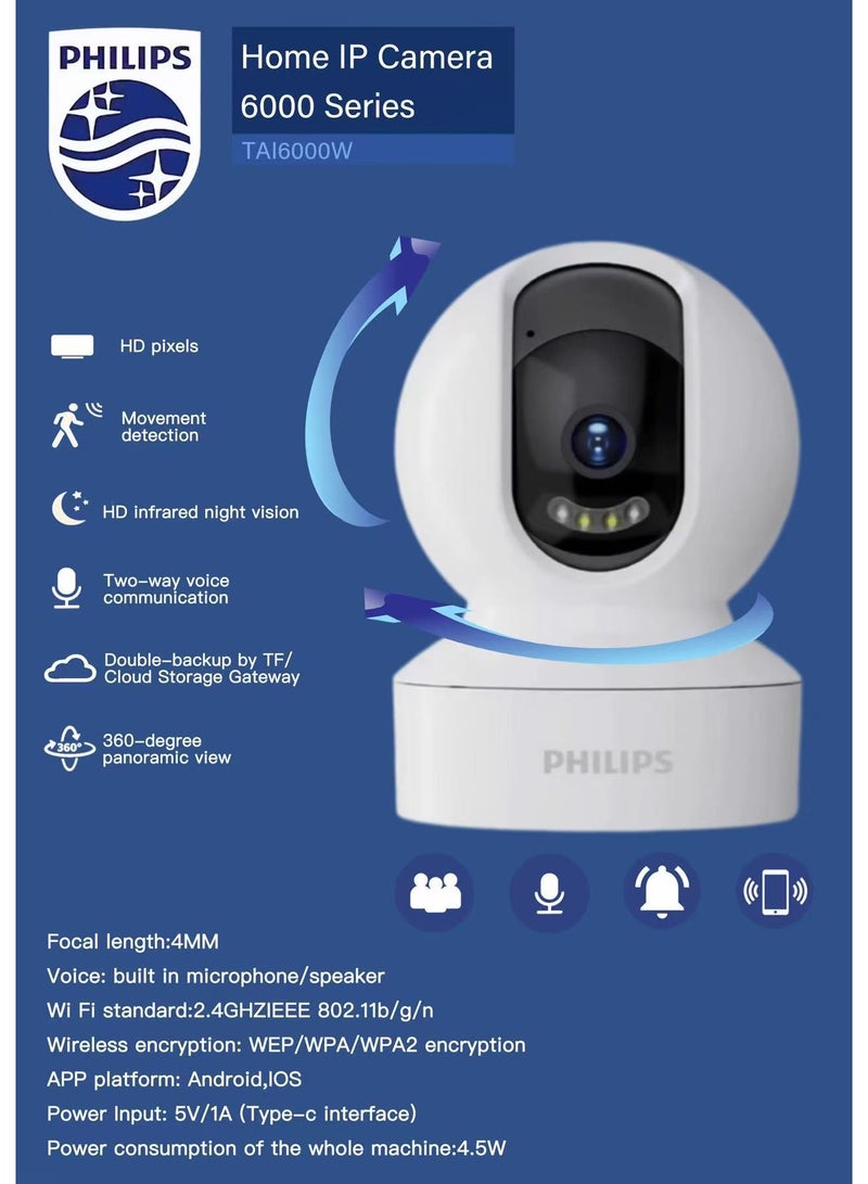 Philips 6000 Series Smart Home IP Camera – 360° Rotation, Motion Detection, Infrared Night Vision, Two-Way Audio, WiFi - Image 2