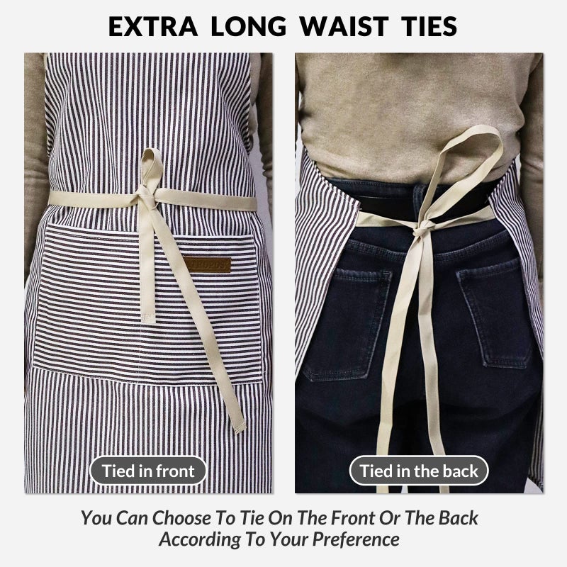 ATROPOS 2 Pack Kitchen Cooking Aprons Adjustable Bib Soft Chef Apron with 2 Pockets for for Women Men Chef L-Black/Brown Stripes - Image 5