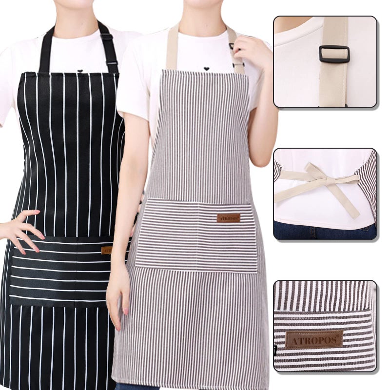 ATROPOS 2 Pack Kitchen Cooking Aprons Adjustable Bib Soft Chef Apron with 2 Pockets for for Women Men Chef L-Black/Brown Stripes - Image 3