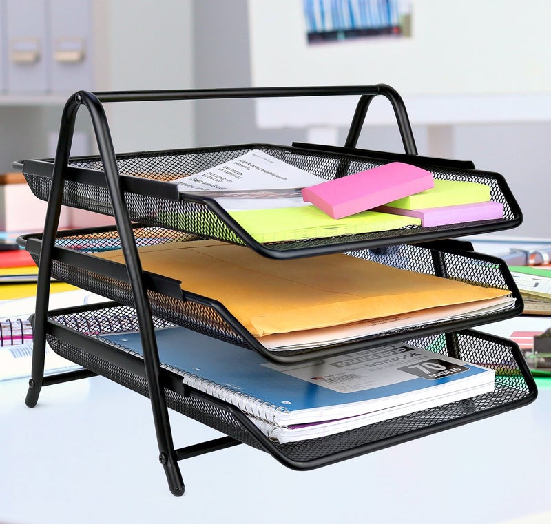 Greenco Mesh 3 Tier Document, Letter Tray, Desk Organizer- Black - Image 2
