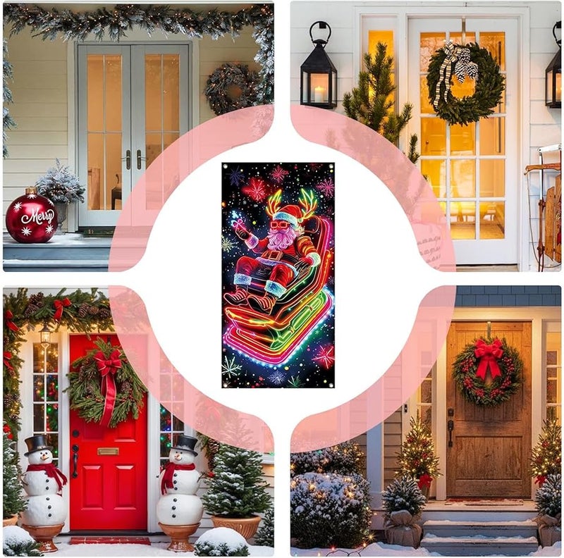 UV Fluorescent Santa Door Cover 3x6ft Christmas Porch Decor Banner For Outdoor Wall - Image 5