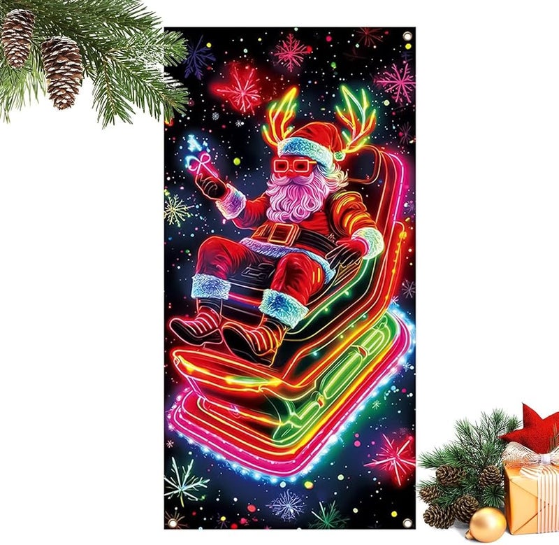 UV Fluorescent Santa Door Cover 3x6ft Christmas Porch Decor Banner For Outdoor Wall - Image 2