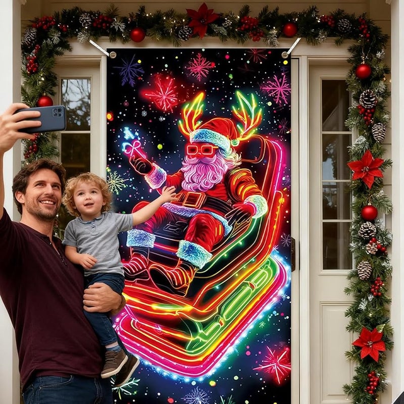 UV Fluorescent Santa Door Cover 3x6ft Christmas Porch Decor Banner For Outdoor Wall - Image 4